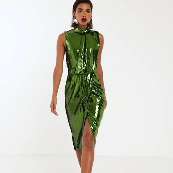 NWT ASOS Emerald Green sequin high neck wrap dress - Picture 4 of 8